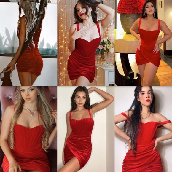 Corset Top Velvet Bodycon Mini Dress Red Sweetheart Decollete Ruched - Picture 11 of 16
